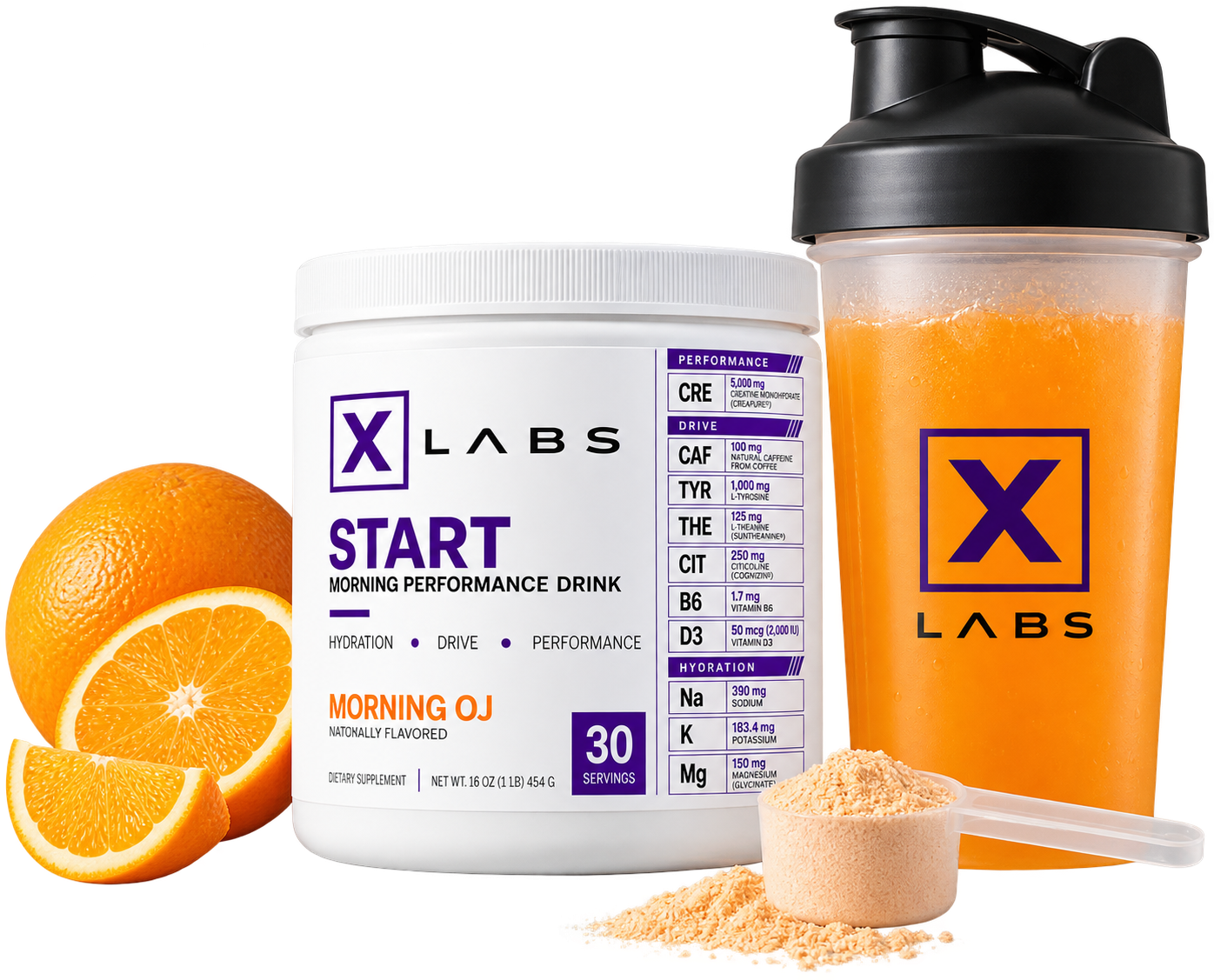 START Morning OJ tub, shaker bottle with orange drink, scoop of powder, and fresh oranges